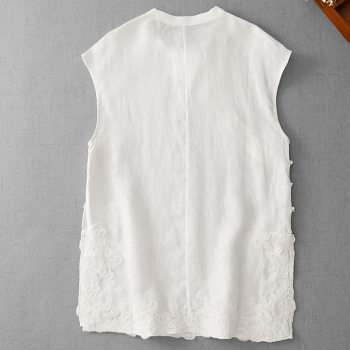 Buddha Stones Chinese Frog-Button Lace Patchwork Design Stand Collar Women's Cotton Sleeveless Vest - White - US12，UK/AU16，EU44 (2XL) - image 9