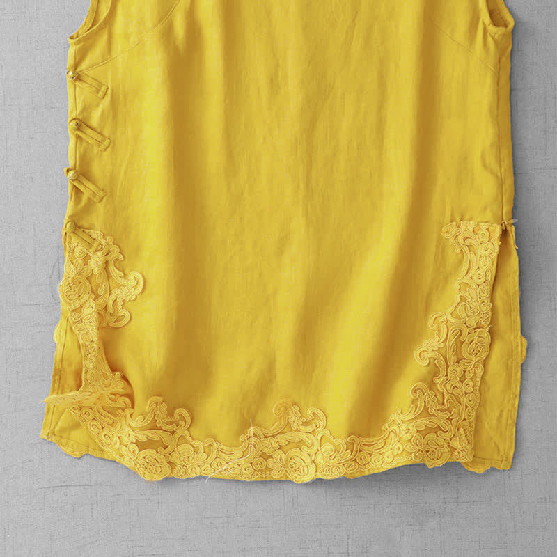 Buddha Stones Chinese Frog-Button Lace Patchwork Design Stand Collar Women's Cotton Sleeveless Vest - image 5
