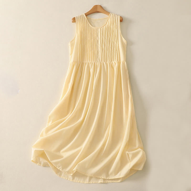 Buddha Stones Summer Pure Color Accordion Pleats Sleeveless Knee Length Dress With Pockets - LightGoldenrodYellow - Lightweight fabric - image 10