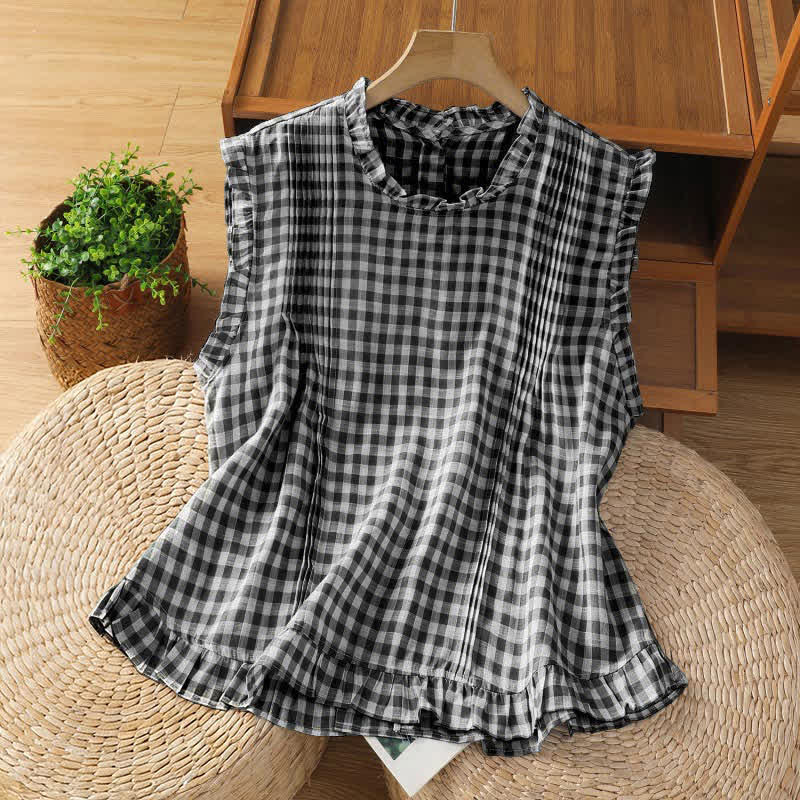 Buddha Stones Summer Plaid Ruffled Crew Neck Back Button Design Women's Sleeveless T-Shirt - Black - US8-10，UK/AU12-14，EU40-42 (2XL) - image 0