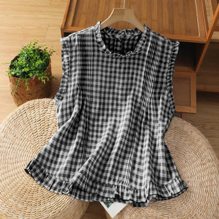 Buddha Stones Summer Plaid Ruffled Crew Neck Back Button Design Women's Sleeveless T-Shirt - Black - US8-10，UK/AU12-14，EU40-42 (2XL) - image 0