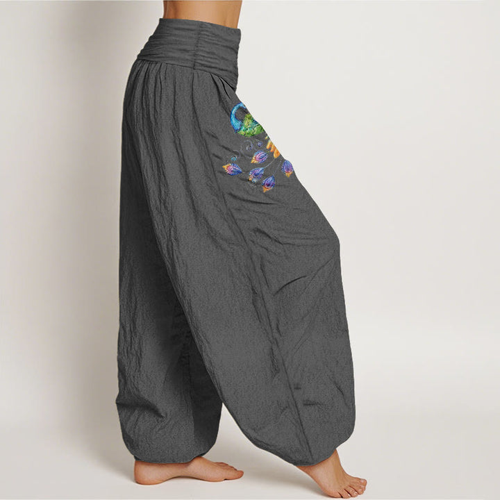 Buddha Stones Cotton Colorful Peacock Pattern Women's Elastic Waist Harem Pants - image 10