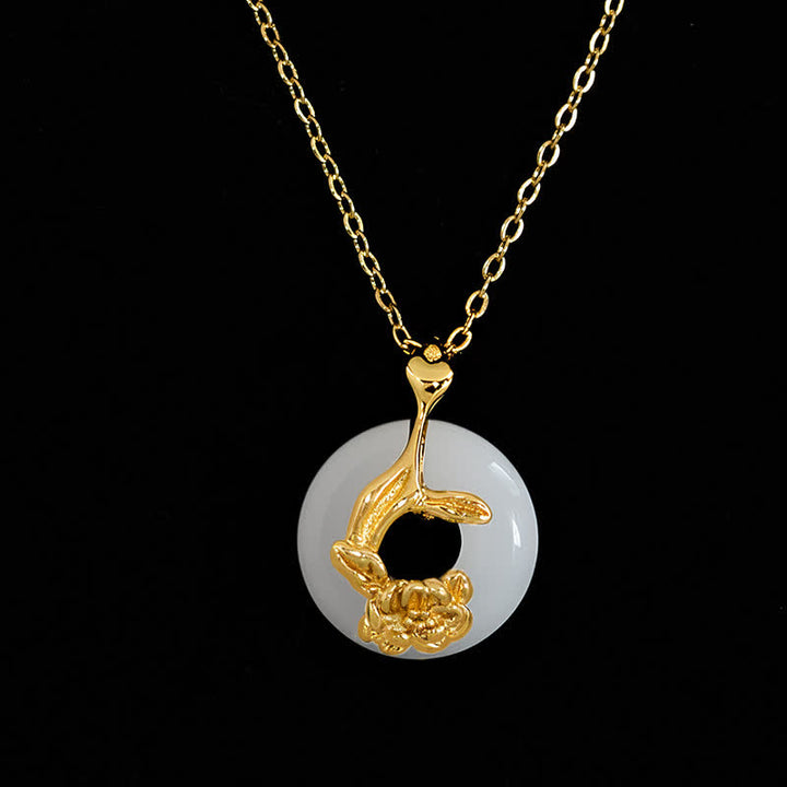 Buddha Stones 925 Sterling Silver Peony Peace Buckle Hetian White Jade Blessing Necklace Pendant - image 3