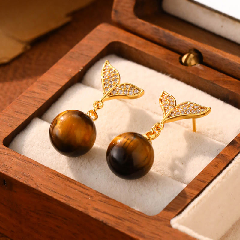 Buddha Stones Tiger Eye Round Bead Fish Tail Irregular Design Protection Earrings - Fish Tail(925 Sterling Silver Posts) - image 0