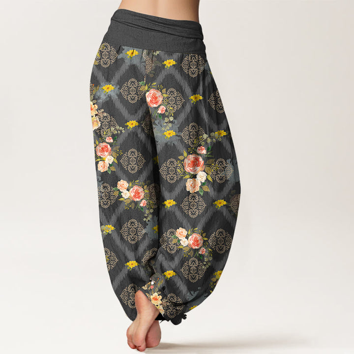 Buddha Stones Cotton Rose Geometric Colorful Flower Pattern Women's Elastic Waist Harem Pants - image 6