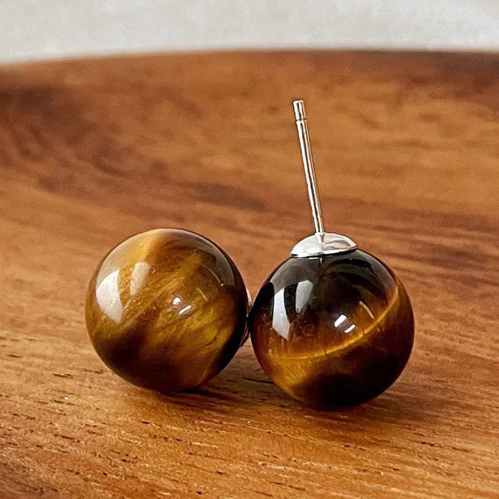 Buddha Stones Simple Tiger Eye Retro Round Protection Stud Earrings - 14mm Tiger Eye(925 Sterling Silver Posts) - image 0