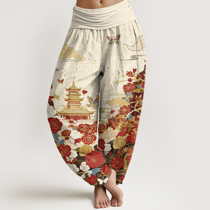 Buddha Stones Cotton Butterfly Rose Pagoda Heart Pattern Women's Elastic Waist Harem Pants - Beige - US16，UK/AU20，EU48 (3XL) - image 5