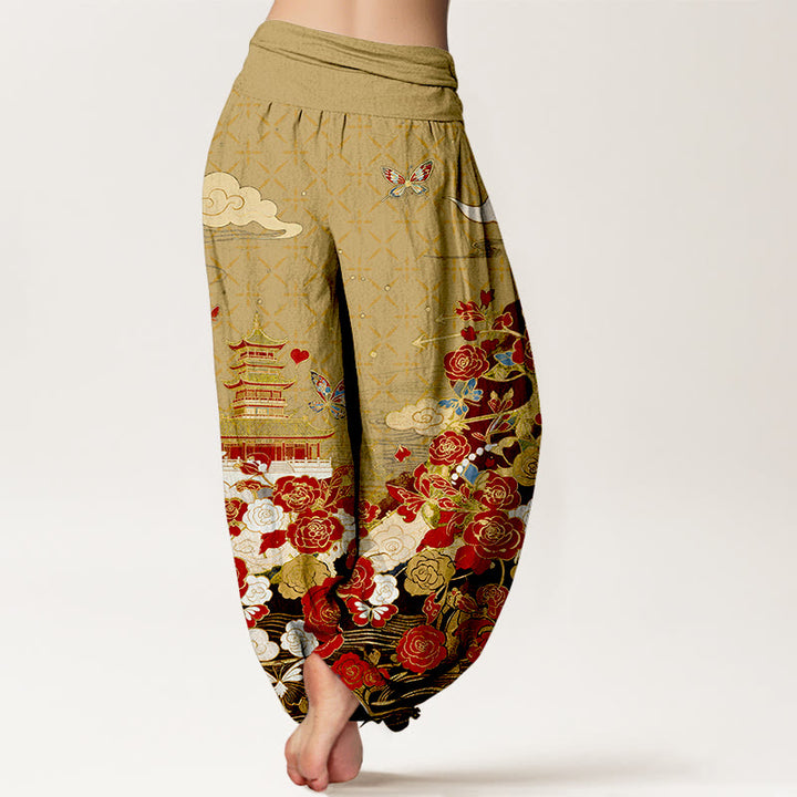 Buddha Stones Cotton Butterfly Rose Pagoda Heart Pattern Women's Elastic Waist Harem Pants - image 9