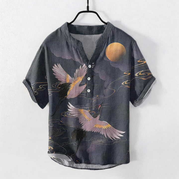 Buddha Stones Cotton Full Moon Crane Pattern Men's Short Sleeve Half Button Shirt - image 0