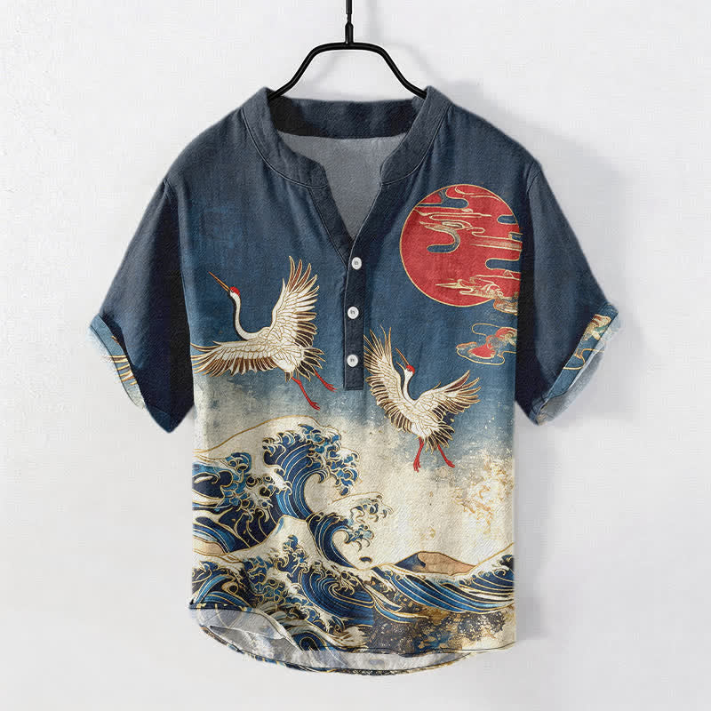 Buddha Stones Cotton Crane Wave Sun Pattern Men's Short Sleeve Half Button Shirt - image 0