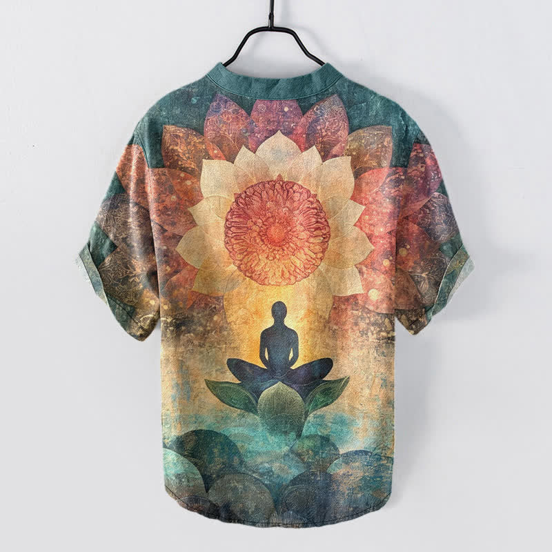 Buddha Stones Cotton Lotus Meditating Figure Pattern Men's Short Sleeve Half Button Shirt - image 8