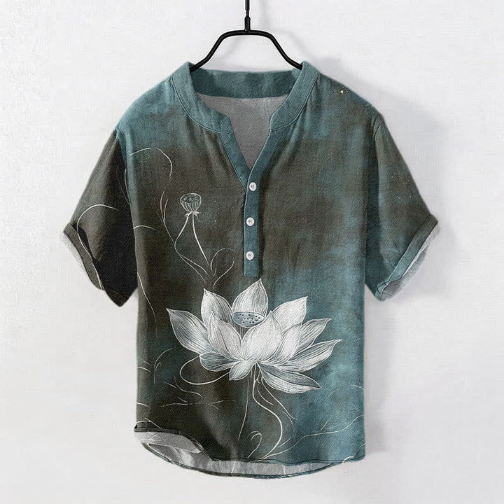 Buddha Stones Cotton Lotus Pattern Men's Short Sleeve Half Button Shirt - LightSeaGreen - US/UK/AU50，EU60 (5XL) - image 5