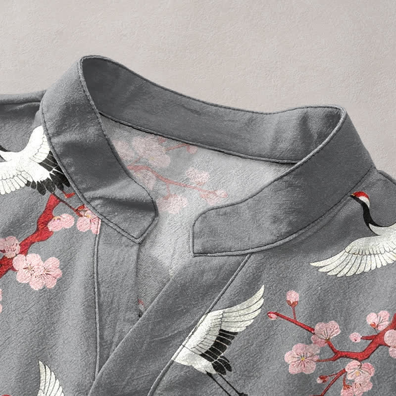 Buddha Stones Crane Plum Blossom Men's Henley Short Sleeve Shirt - image 2