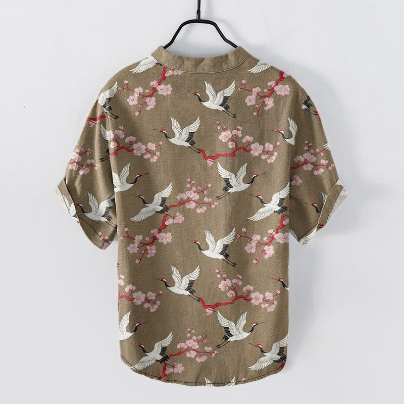 Buddha Stones Crane Plum Blossom Men's Henley Short Sleeve Shirt - image 6