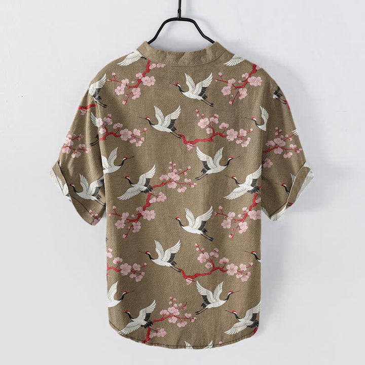 Buddha Stones Crane Plum Blossom Men's Henley Short Sleeve Shirt - image 6
