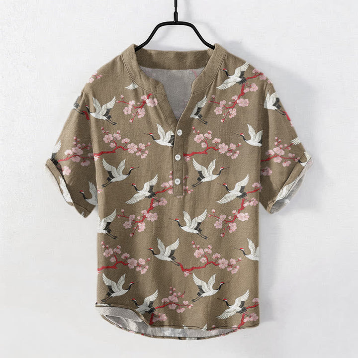 Buddha Stones Crane Plum Blossom Men's Henley Short Sleeve Shirt - Tan - US/UK/AU50，EU60 (5XL) - image 5