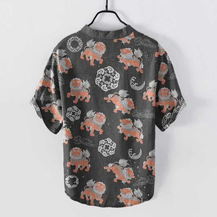 Buddha Stones Cotton Lion Waves Cloud Men's Short Sleeve Shirt Lightweight Resort Boxy Fit - image 1