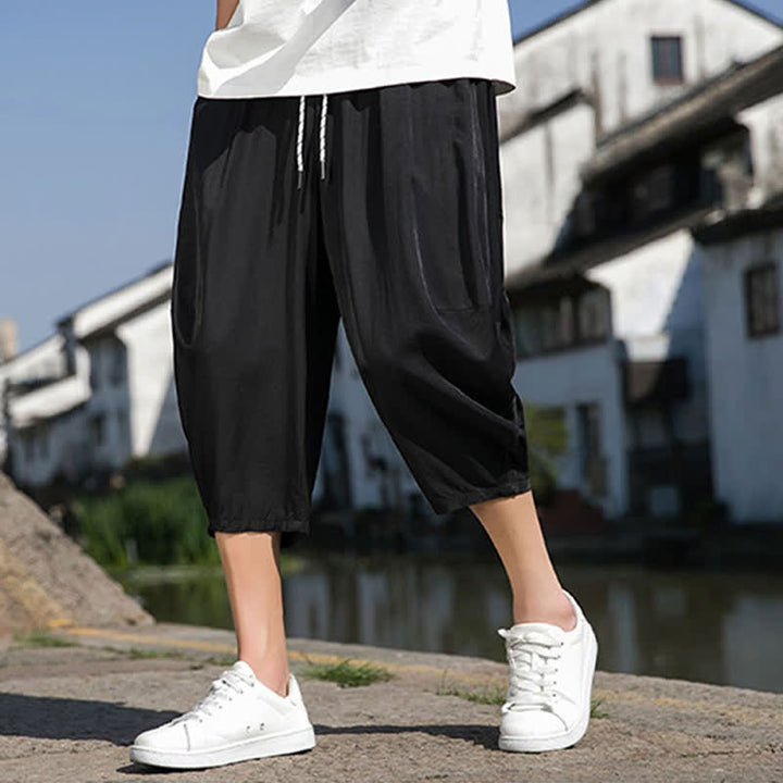 Buddha Stones Summer Elastic Waist Drawstring Solid Color Half Men's Tapered Pants With Pockets  - image 20