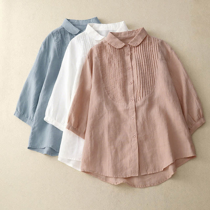 Buddha Stones Spring Pleated Pintuck Peter Pan Collar Half Sleeve Women's Shirt - image 13