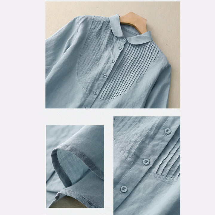 Buddha Stones Spring Pleated Pintuck Peter Pan Collar Half Sleeve Women's Shirt - image 1