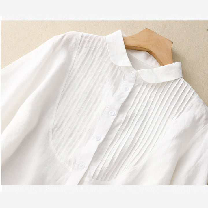 Buddha Stones Spring Pleated Pintuck Peter Pan Collar Half Sleeve Women's Shirt - image 10