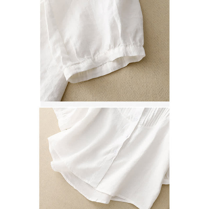 Buddha Stones Spring Pleated Pintuck Peter Pan Collar Half Sleeve Women's Shirt - image 12