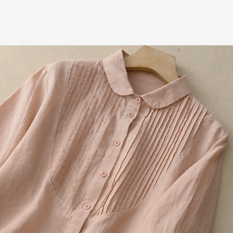 Buddha Stones Spring Pleated Pintuck Peter Pan Collar Half Sleeve Women's Shirt - image 4