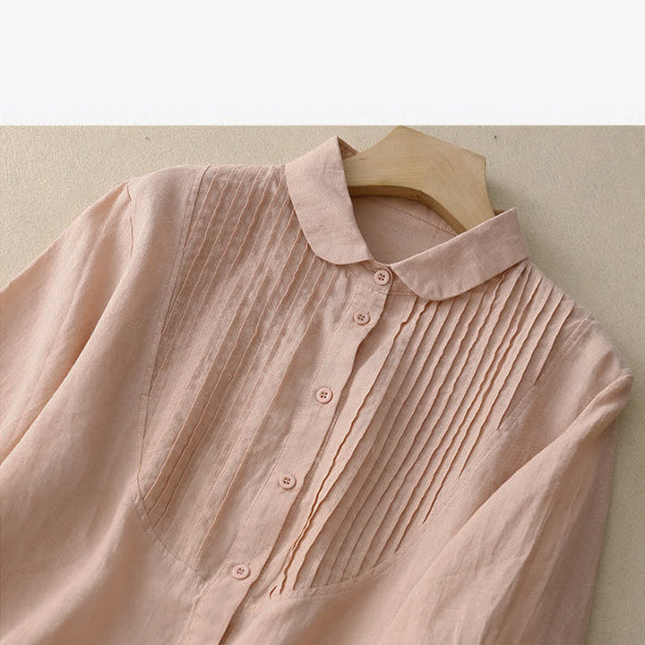 Buddha Stones Spring Pleated Pintuck Peter Pan Collar Half Sleeve Women's Shirt - image 4