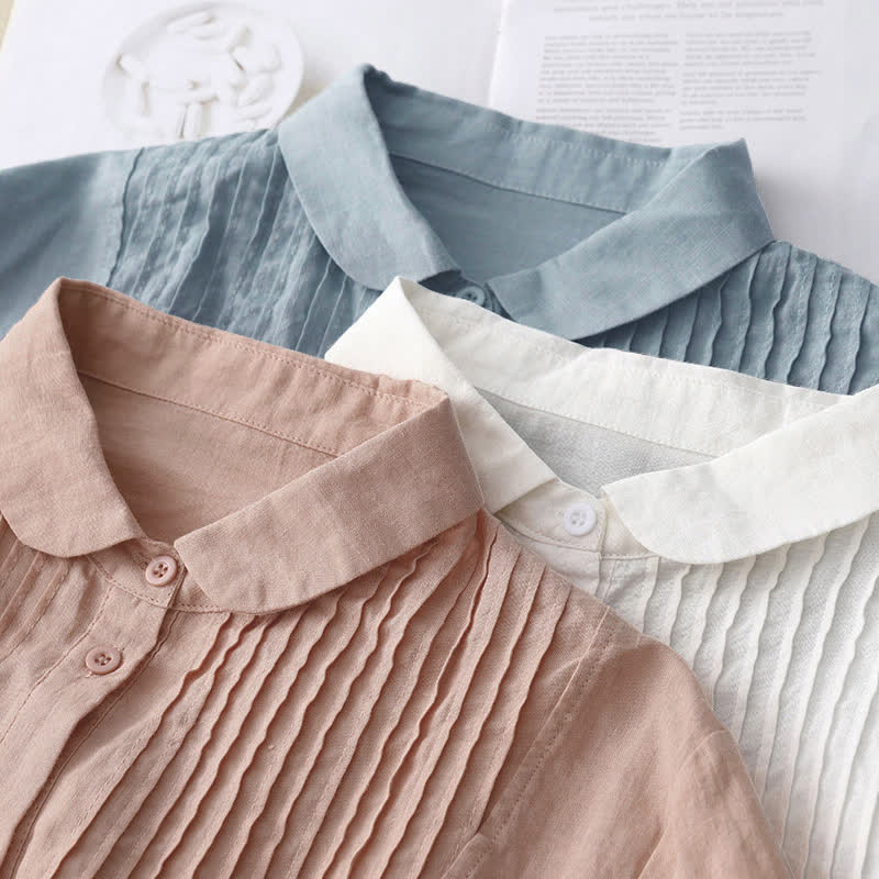 Buddha Stones Spring Pleated Pintuck Peter Pan Collar Half Sleeve Women's Shirt - image 14