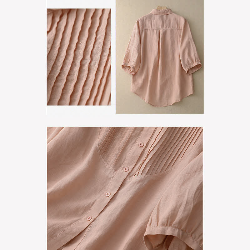 Buddha Stones Spring Pleated Pintuck Peter Pan Collar Half Sleeve Women's Shirt - image 5