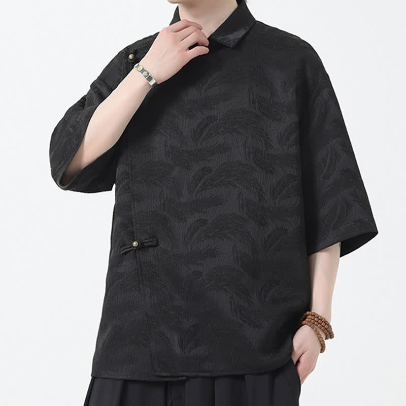 Buddha Stones Summer Mandarin Collar Textured Jacquard Men's Elbow Sleeve Shirt - image 5