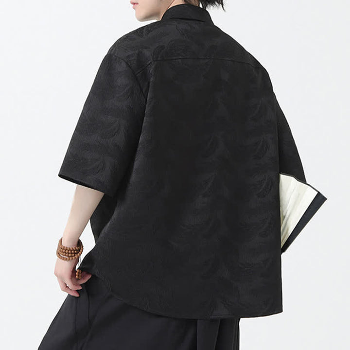 Buddha Stones Summer Mandarin Collar Textured Jacquard Men's Elbow Sleeve Shirt - image 3