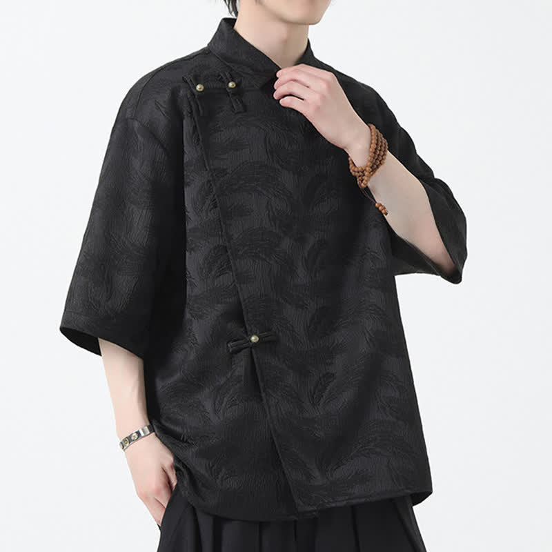 Buddha Stones Summer Mandarin Collar Textured Jacquard Men's Elbow Sleeve Shirt - image 2