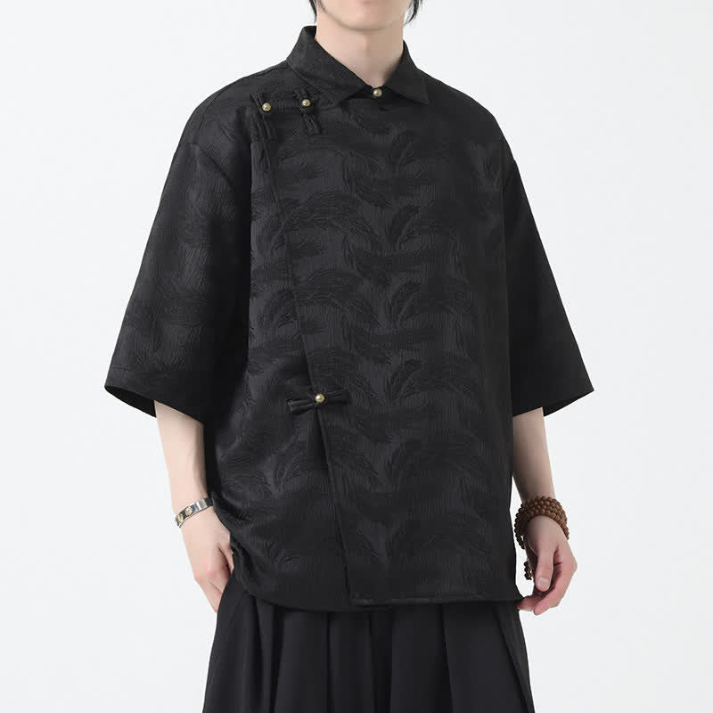 Buddha Stones Summer Mandarin Collar Textured Jacquard Men's Elbow Sleeve Shirt - image 1