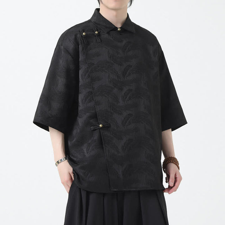 Buddha Stones Summer Mandarin Collar Textured Jacquard Men's Elbow Sleeve Shirt - image 1