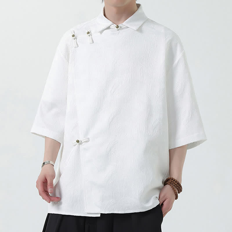 Buddha Stones Summer Mandarin Collar Textured Jacquard Men's Elbow Sleeve Shirt - image 8