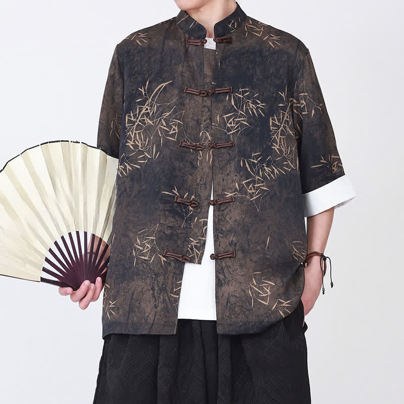 Buddha Stones Summer Bamboo Print Mandarin Collar Frog Buttons Men's Elbow-Length Sleeve Shirt - SaddleBrown - US/UK/AU46，EU56 (5XL) - image 0