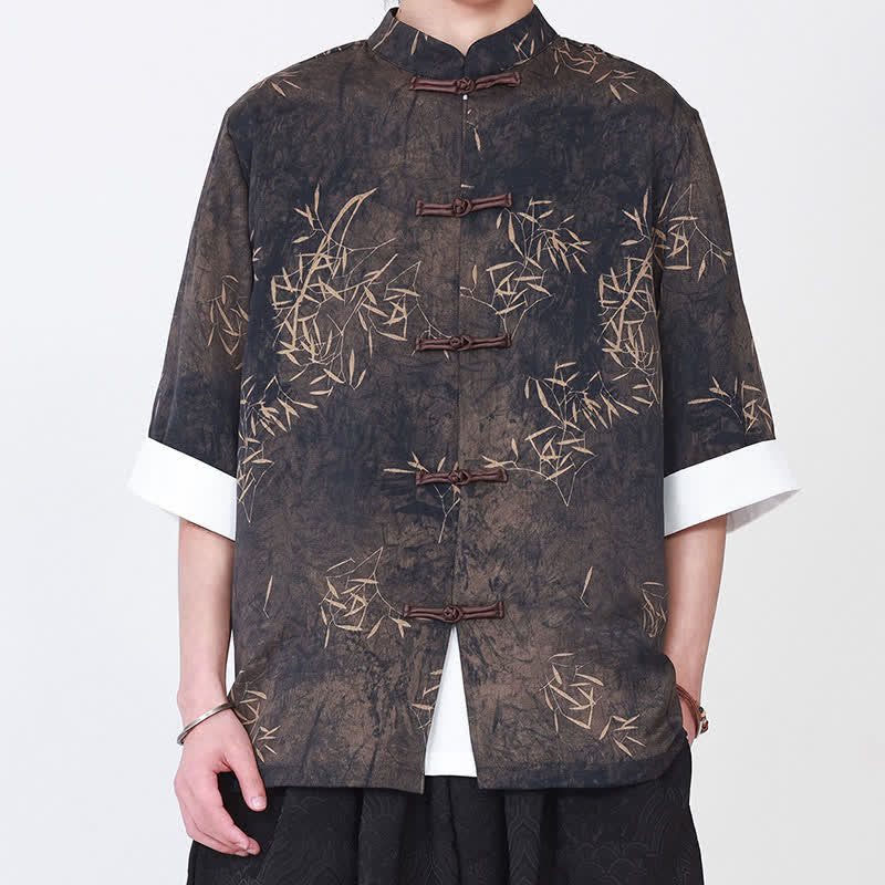 Buddha Stones Summer Bamboo Print Mandarin Collar Frog Buttons Men's Elbow-Length Sleeve Shirt - image 1