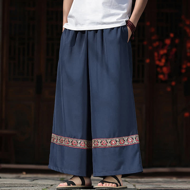 Buddha Stones Summer Cotton Embroidered Hem Elastic Waist Men's Cropped Wide Leg Pants With Pockets - image 4
