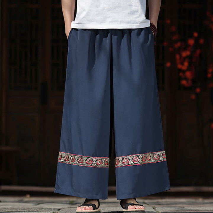 Buddha Stones Summer Cotton Embroidered Hem Elastic Waist Men's Cropped Wide Leg Pants With Pockets - image 1