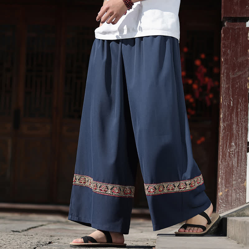 Buddha Stones Summer Cotton Embroidered Hem Elastic Waist Men's Cropped Wide Leg Pants With Pockets - image 0