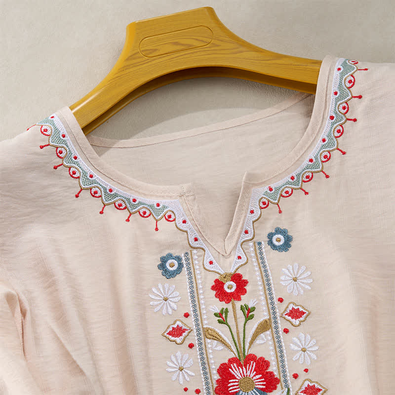 Buddha Stones Spring Boho Embroidered Cotton Linen Elbow-Length Sleeve Women's T-Shirts - image 15