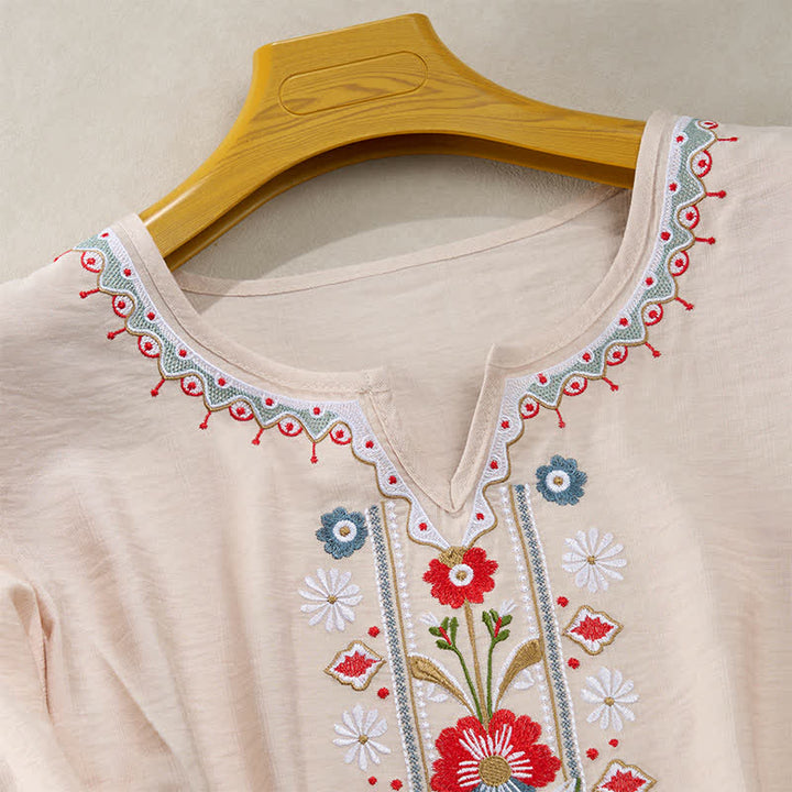 Buddha Stones Spring Boho Embroidered Cotton Linen Elbow-Length Sleeve Women's T-Shirts - image 15