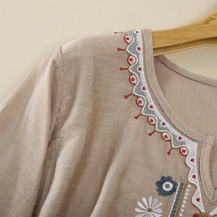 Buddha Stones Spring Boho Embroidered Cotton Linen Elbow-Length Sleeve Women's T-Shirts - image 21