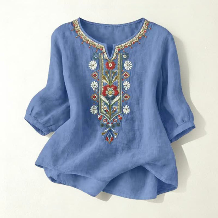 Buddha Stones Spring Boho Embroidered Cotton Linen Elbow-Length Sleeve Women's T-Shirts - DenimBlue - US16，UK/AU20，EU48 (3XL) - image 26
