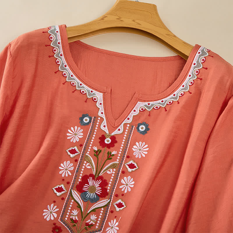 Buddha Stones Spring Boho Embroidered Cotton Linen Elbow-Length Sleeve Women's T-Shirts - image 2