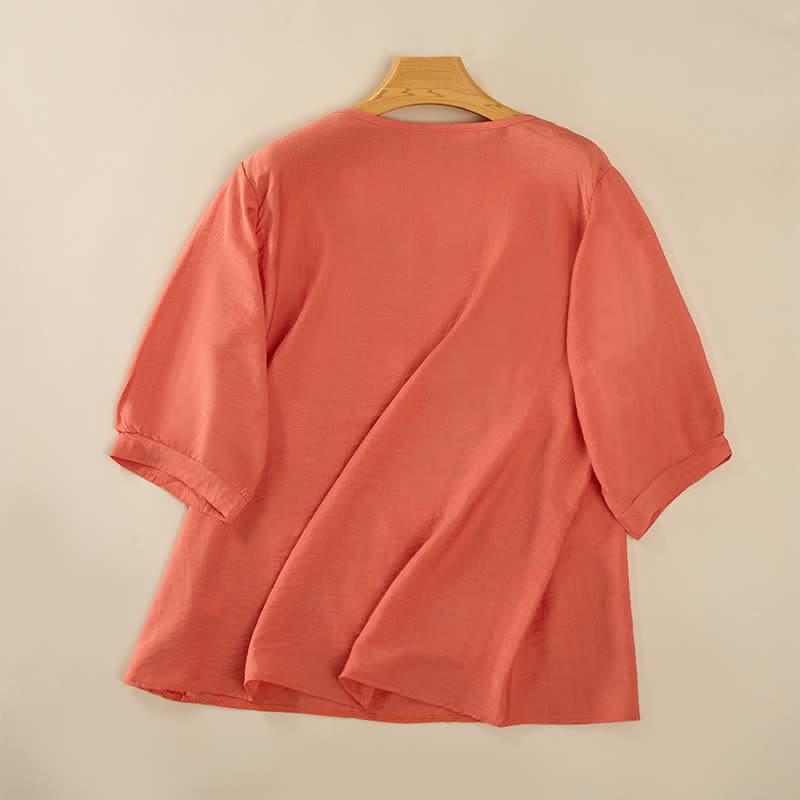 Buddha Stones Spring Boho Embroidered Cotton Linen Elbow-Length Sleeve Women's T-Shirts - image 1