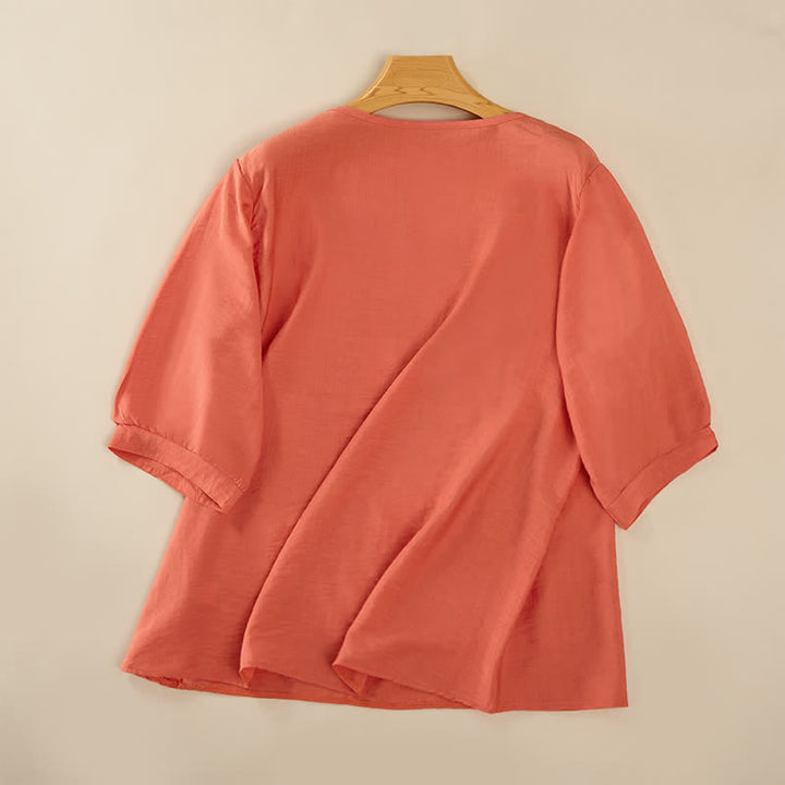 Buddha Stones Spring Boho Embroidered Cotton Linen Elbow-Length Sleeve Women's T-Shirts - image 1