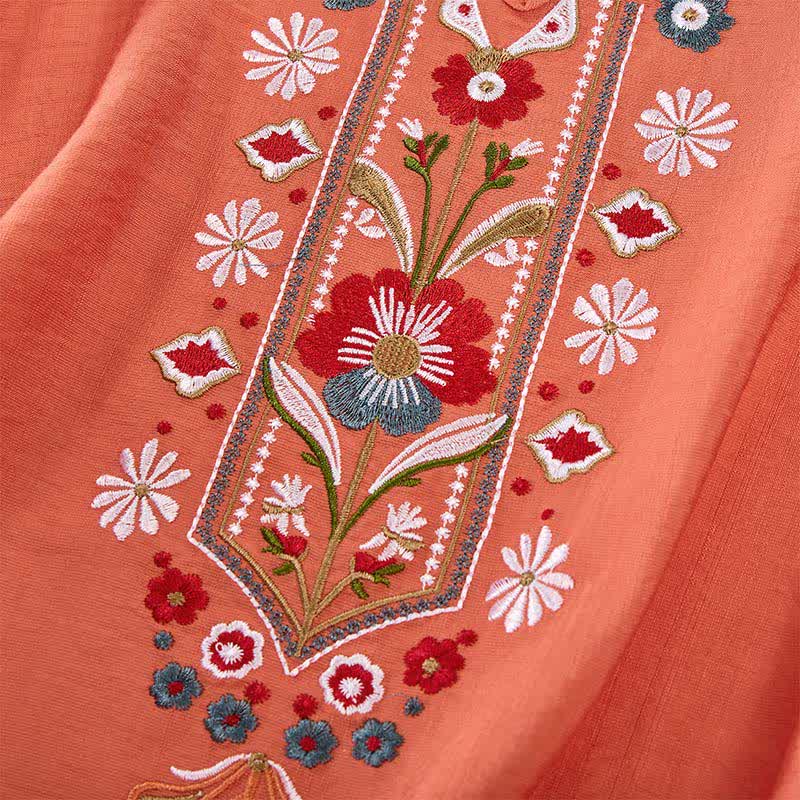 Buddha Stones Spring Boho Embroidered Cotton Linen Elbow-Length Sleeve Women's T-Shirts - image 4