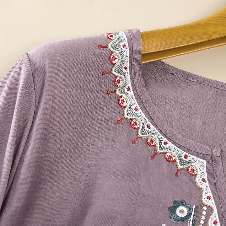 Buddha Stones Spring Boho Embroidered Cotton Linen Elbow-Length Sleeve Women's T-Shirts - image 10